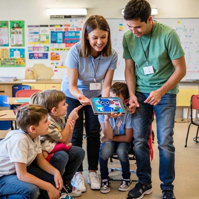 Lehrerin zeigt Kindern ein Tablet in einem Klassenzimmer. Lächelnde Gesichter, Interaktion.