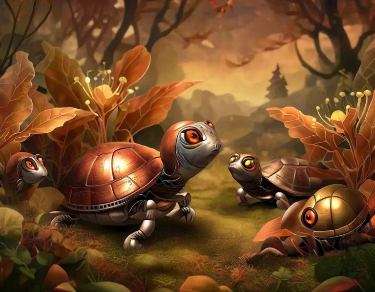 Drei stilisierte Schildkröten in einer herbstlichen Landschaft mit bunten Blättern.