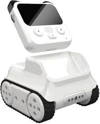 Weißer Roboter mit abnehmbarer Steuerungseinheit und Gummiketten.