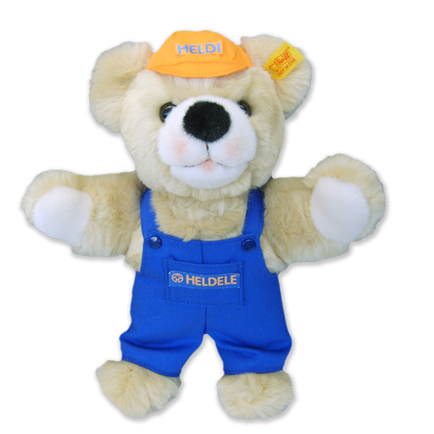 (c) heldele Plüschbär mit blauer Latzhose und orangefarbenem Hut. HELDI