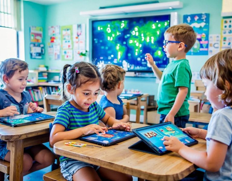 Sechs Kinder in einem Klassenzimmer, einige nutzen Tablets, während ein Junge präsentiert.