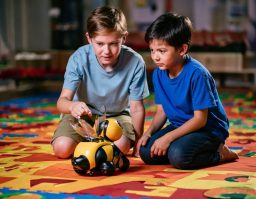 (c) KI Generiert Zwei Kinder spielen auf einer bunten Matte mit einem kleinen Roboter.
